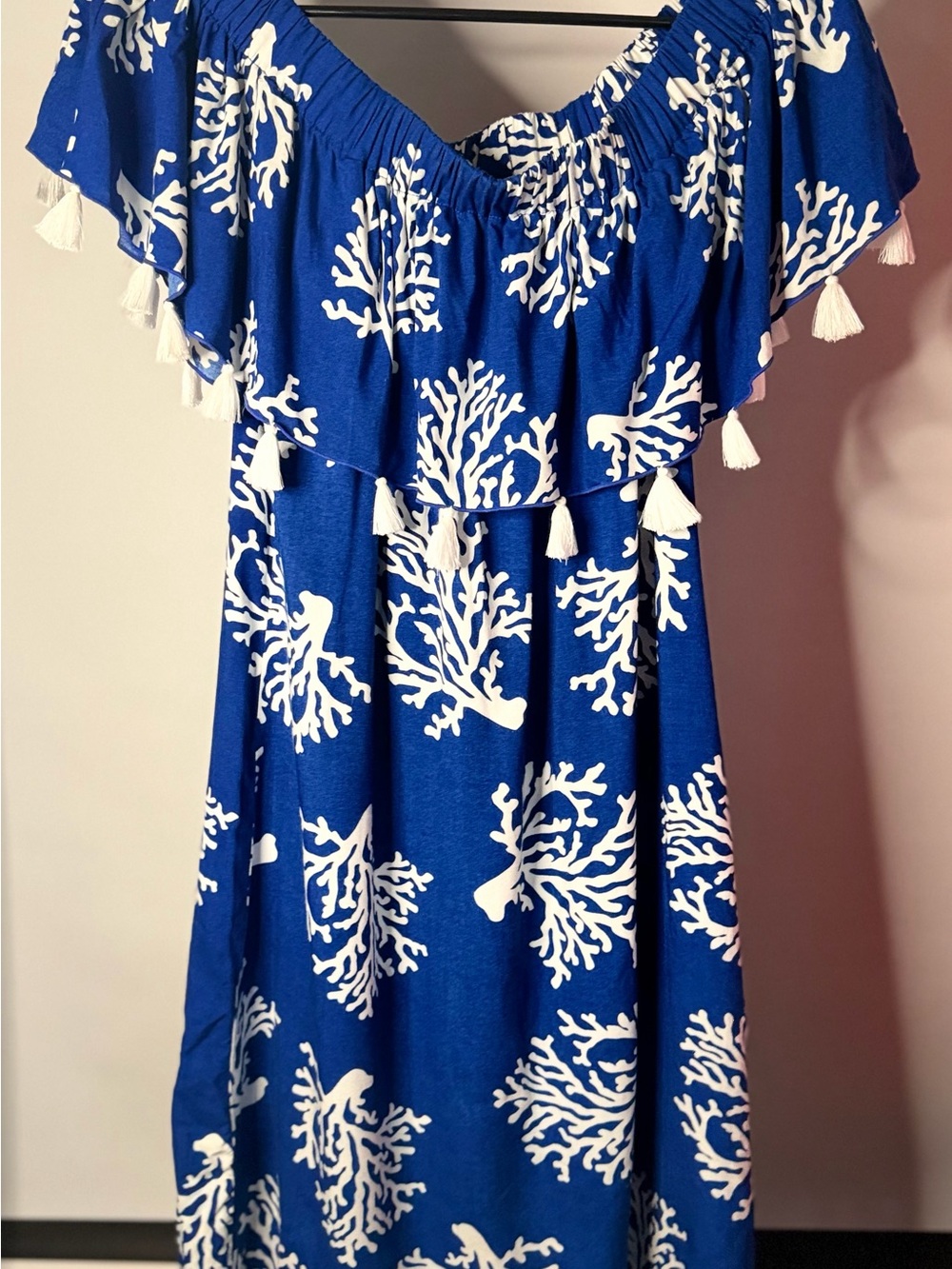 Blue Coral Print Off-Shoulder Dress with Tassels